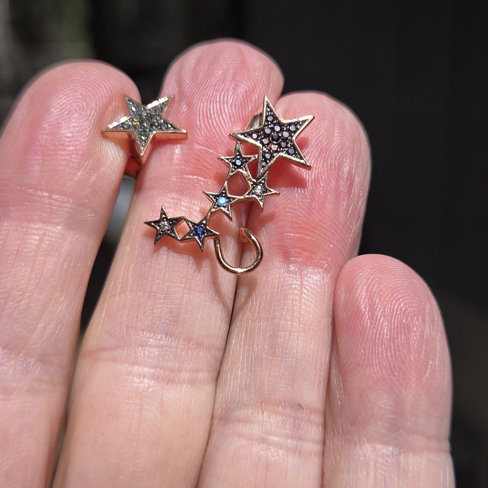 Gold Star ear cuff & stud multi colored gems Sterling & Gold - Picture 7 of 11